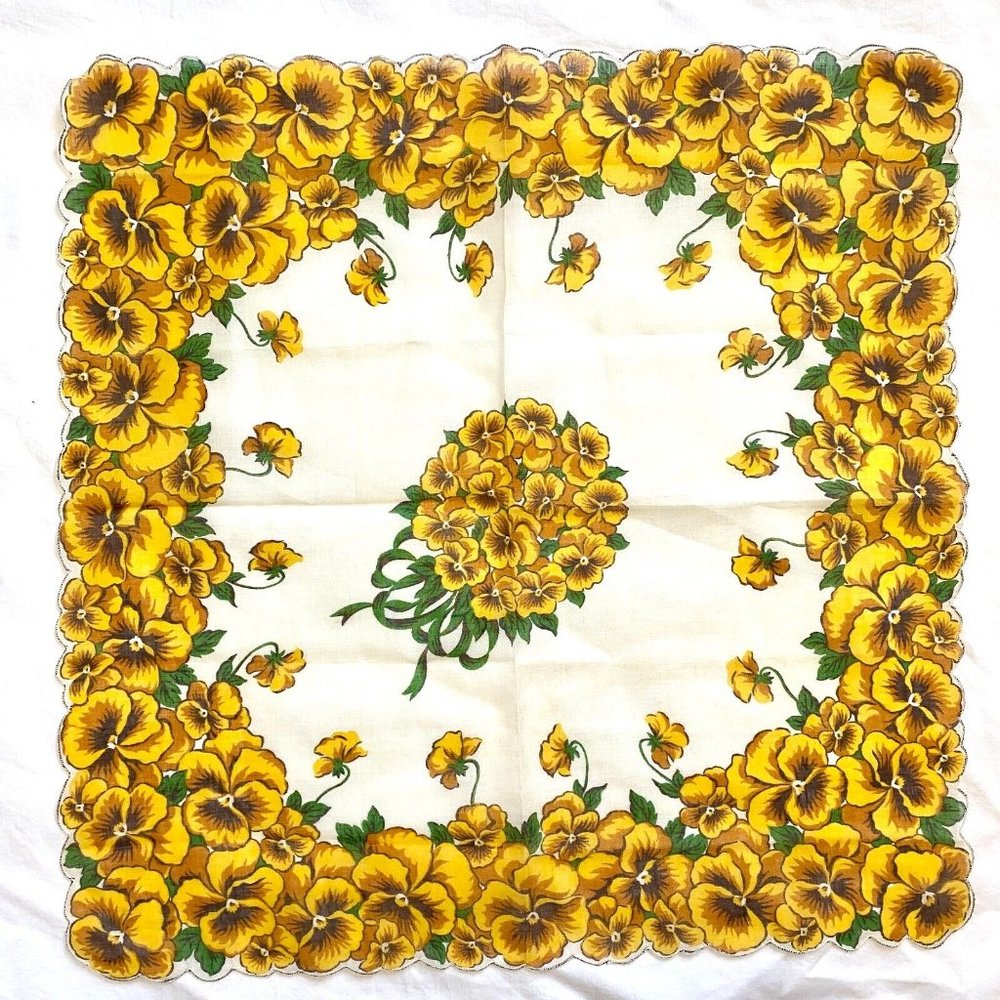 Vintage Large Handkerchief Hankie Yellow Pansies Floral Flowers 17" Square